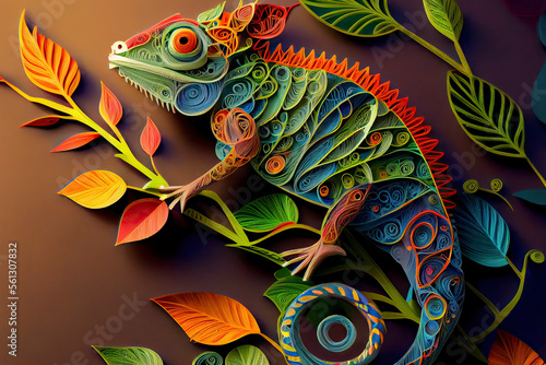 Abstract chameleon craft paper cut style