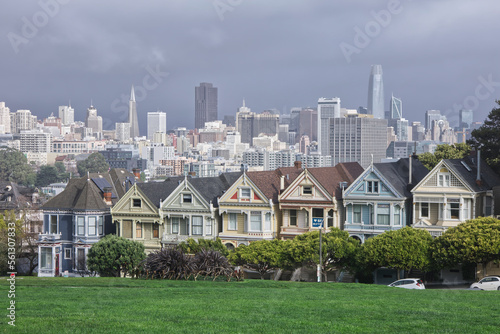 San Francisco Skyline Behind Victorian Houses on Overcast Day