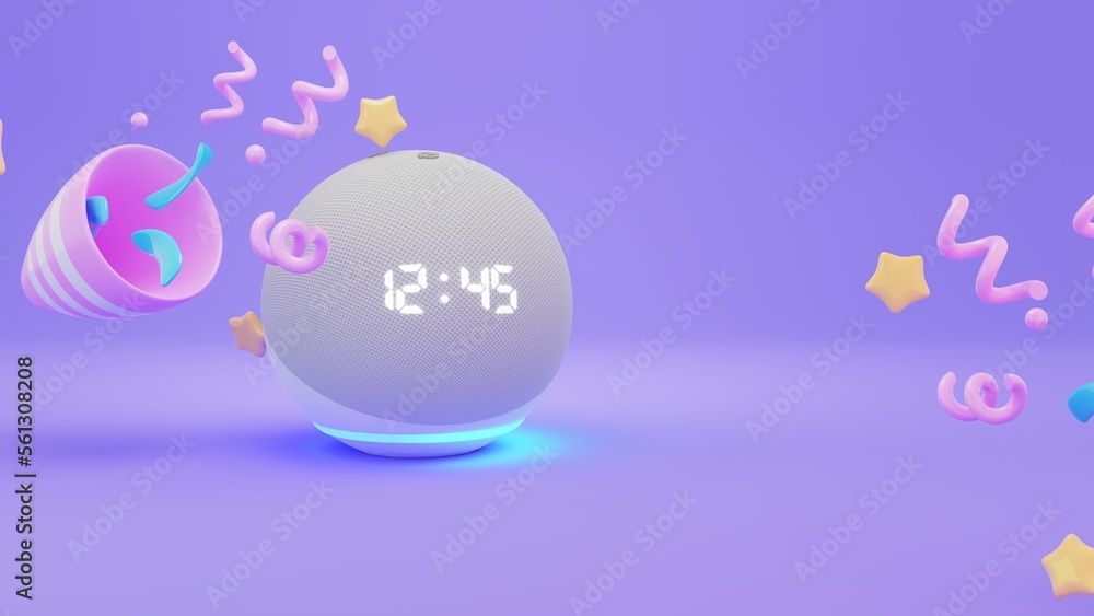 Amazon echo dot 5, voice controlled speaker with confetti and popper firecracker for party, birthday concept. Festive background card with an empty space for text. 3d rendering