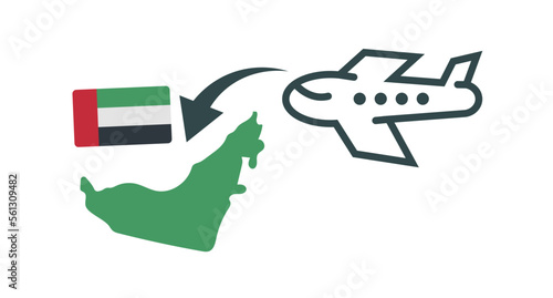 Flag and map of the United Arab Emirates with plane landing in the United Arab Emirates. Travel to United Arab Emirates. Vector.
