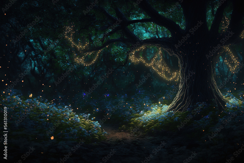 Oak tree in the fairy forest. AI Oak tree in the fairy forest. AI