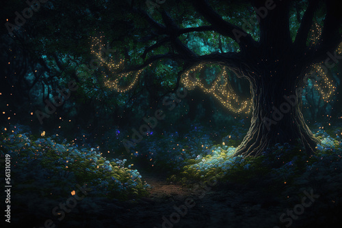 Oak tree in the fairy forest. AI