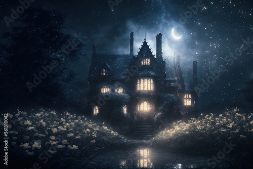 Fantasy castle in the night. AI