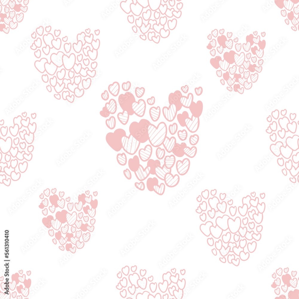 Romantic seamless pattern. Pink decorative hearts on white background. Vector illustration in doodle style. Endless background for valentines, wallpapers, packaging, print.