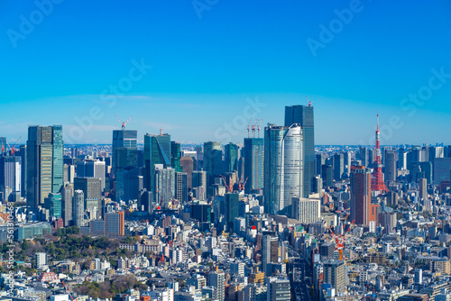 Photography Iconic landscape of Tokyo, Japan. Blue sky and skyscrapers