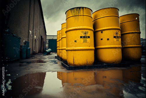 Yellow barrels in an industrial park illustrating industrial waste and environmental pollution created with Generative AI