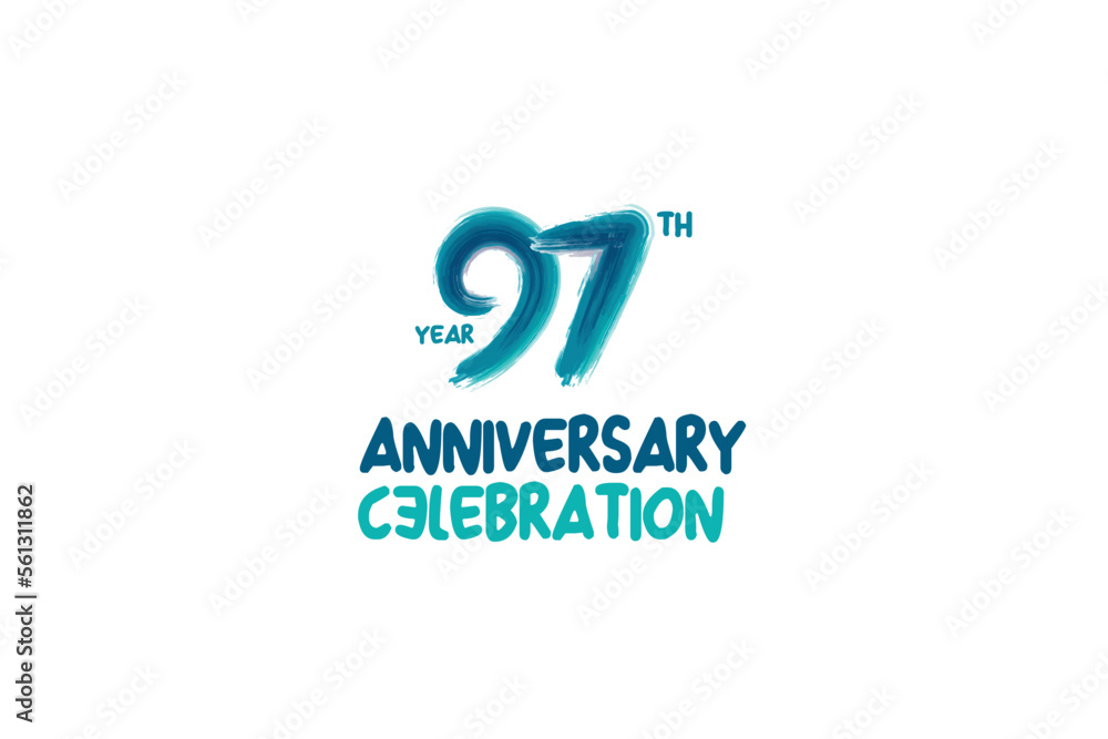 97th, 97 years, 97 year anniversary celebration fun style logotype. anniversary white logo with green blue color isolated on white background, vector design for celebrating event 97th, 97 years, 97 year anniversary celebration fun style logotype. anniversary white logo with green blue color isolated on white background, vector design for celebrating event