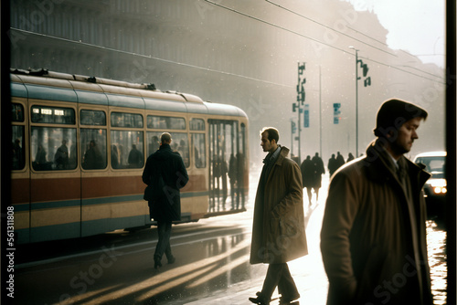 Cinematic scene of bus and people in 1989 Berlin streets generated by Ai Technology