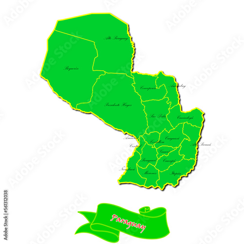 Vector map of Paraguay with subregions in green country name in red