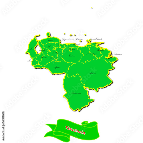 Vector map of Venezuela with subregions in green country name in red photo