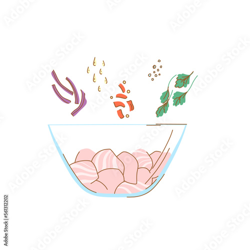 Plate with pink fish fillet and multi-colored spices for pickling on a white background in flat