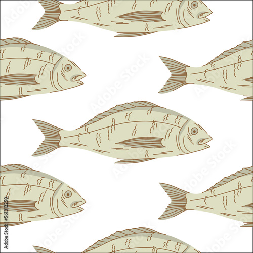 Seamless pattern with sea bass on a white background in flat style.