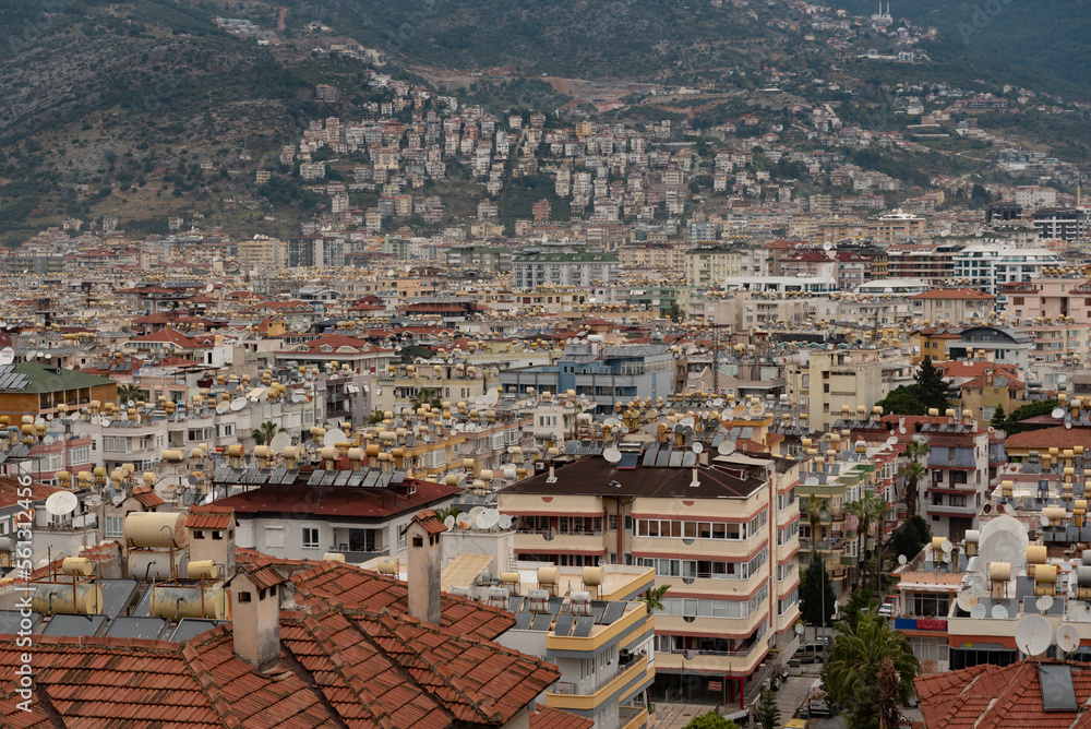 Aerial view of rooftops of the crowded city of Alanya on the Turkish Coast, Turkey.