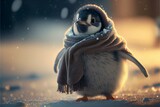 Small penguin wearing scarf and walking in snow (created with Generative AI Technology)