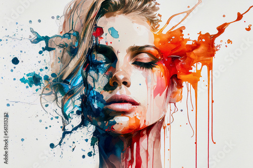 Colorful abstract art portrait of young woman face isolated on white background in watercolor style (created with Generative AI technology)