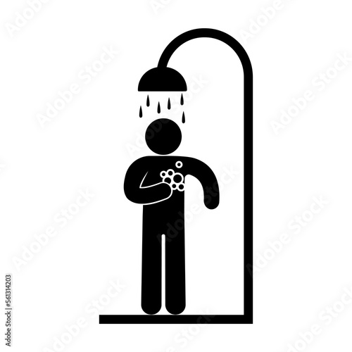 icon man washing in the shower, stick figure human silhouette, shower cabin isolated symbol