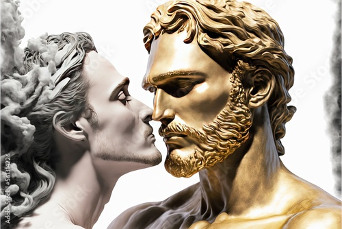 Sculpture de personnes stoïciennes, homme, femme, or et marbre, romance et amour. Idéal pour la Saint-Valentin, le papier peint, l'arrière-plan photo