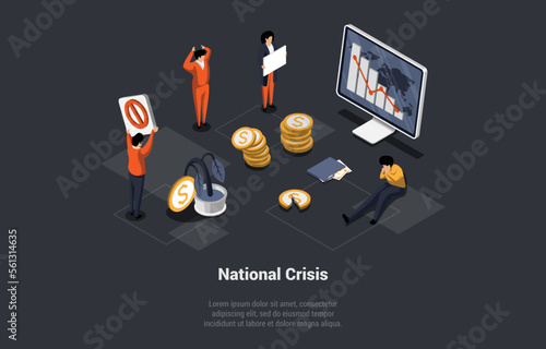 Concept Of National, Financial Crisis, Recession, Inflation, Devaluation, CBDC Integration. Men And Women Protesting Against Price Increases And Employees Reduction. Isometric 3D Vector illustration