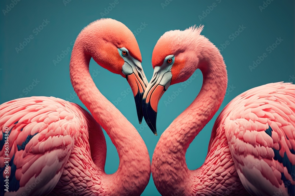 Fototapeta premium 2 flamants roses en forme de coeur, amour, romance, saint valentin