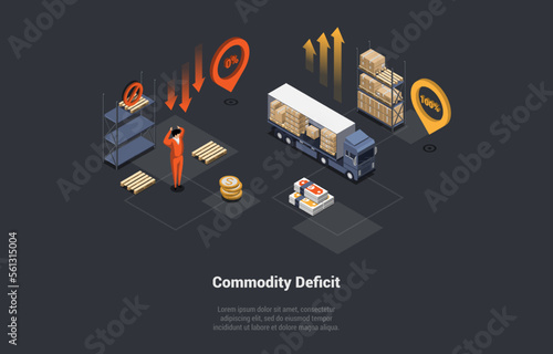 Commodity Deficit And Global World Crisis. Oversupply of Goods On Market as Consequence of Economic Crisis. Decline, Character Suffering in Economic Downfall. Isometric 3d Cartoon Vector Illustration