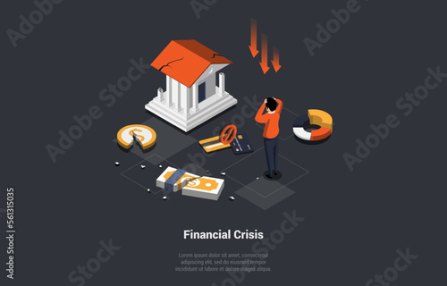 Global World Financial Crisis Concept. Unemployment, Collapsed World Market and Economic Crisis, Panic and food Shortages. Downfall, Inflation, Stock market Crash. Isometric 3d Vector Illustration