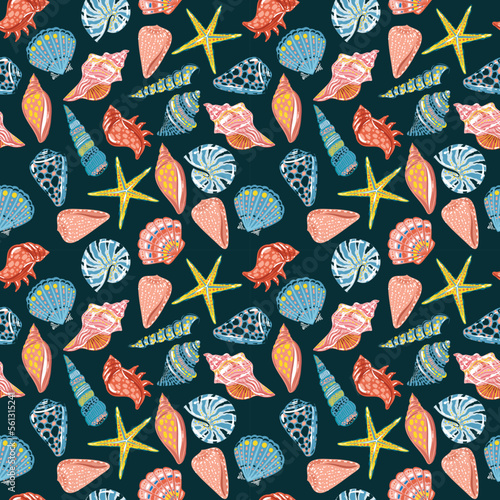 Fototapeta Naklejka Na Ścianę i Meble -  Beautiful seashells, corals and starfishes Seamless pattern