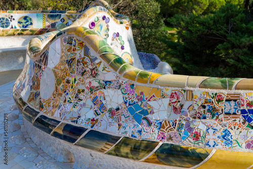 park guell landmark built by the architect Gaudí in the city center with mosaics on the benches photo
