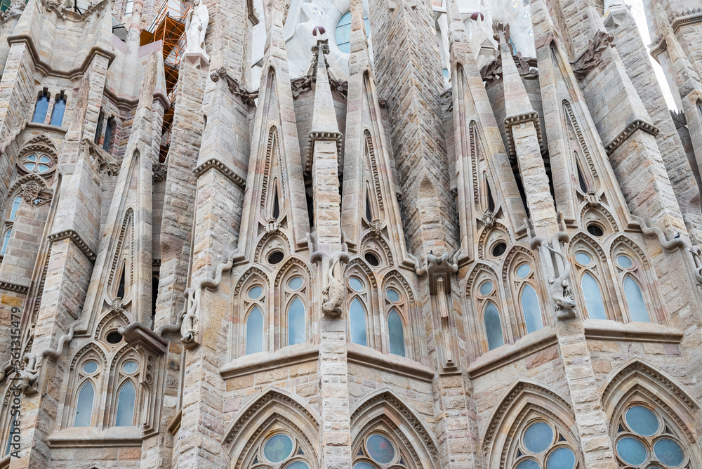 Facade of the Sagrada Familia built by the architect Antonio Gaudi in the city center close-up