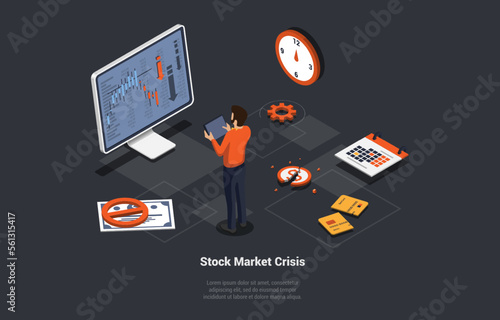 World Financial Crash, Stock Market Crisis Concept. Shocked Trader Has Got Margin Call, Unsuccessful Investment In Risky Assets. Failure, Loss of Money, Bankruptcy. Isometric 3d Vector Illustration