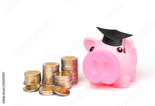Piggy bank With Graduation Cap with a stack of coins isolated on white background, Student scolarship save concept, Finance concept. photo