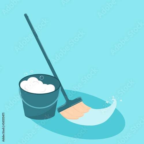 cleaning kit - mop, broom and bucket of foam. Magic cleaning.