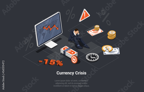 Financial Crisis, Inflation And Devaluation. Interest Rate Impact for Stock Investment. Man Holding Head From Falling Assets, Price Increase. Unstable Nominal Worth. Isometric 3D Vector Illustration