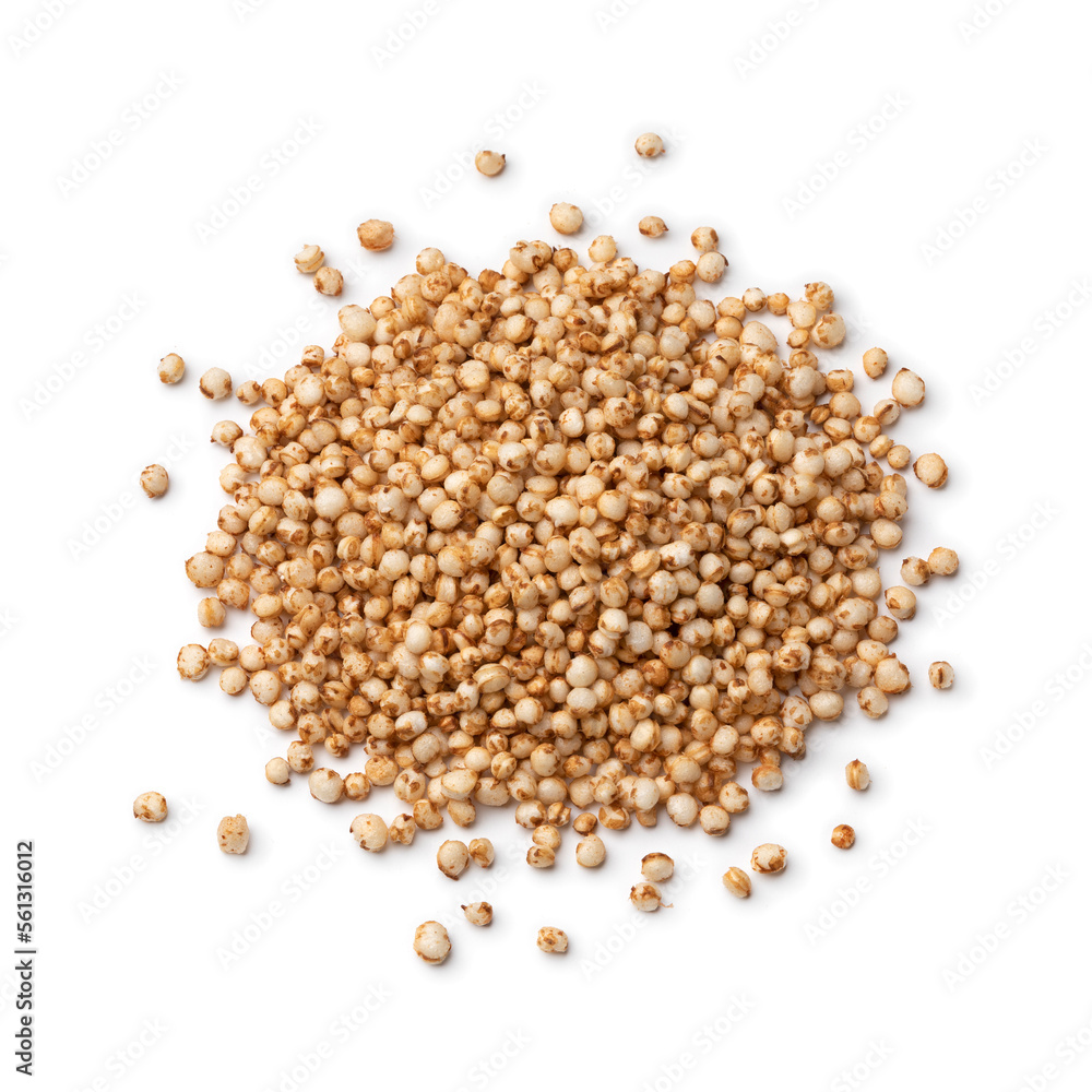 Heap of puffed quinoa close up as an ingredient for breakfast isolated on white background Heap of puffed quinoa close up as an ingredient for breakfast isolated on white background
