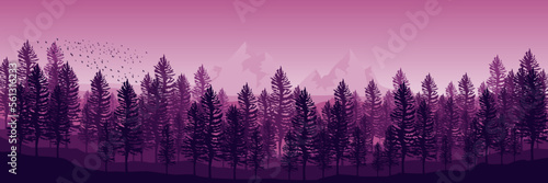 mountain sunrise view with forest silhouette flat design vector banner template good for web banner, ads banner, tourism banner, wallpaper, background template, and adventure design backdrop