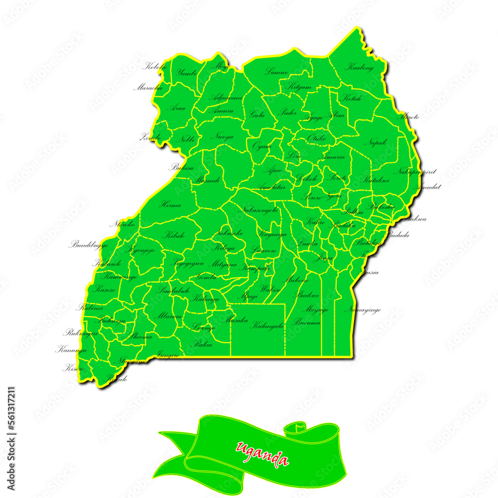 Vector map of Uganda with subregions in green country name in red Stock