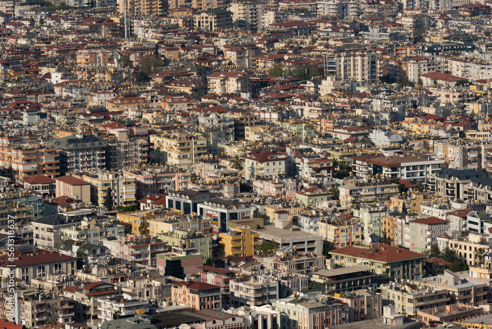 Alanya, Turkey. April 7th 2021.Aerial view of rooftops of the crowded city of Alanya on the Turkish Coast, Turkey.