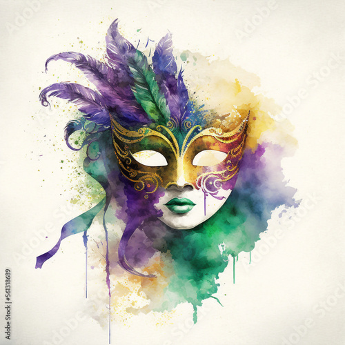 Mardi Gras Mask Watercolor  - Purple Green Yellow - Generative AI