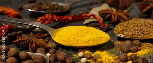 Food banner, spice banner. Bright oriental spices on a dark background. The concept of delicious and healthy food. Turmeric in a spoon among chili, allspice, star anise close-up.