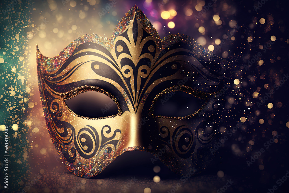 Venezianische Maske vor glitzernden Bokeh Hintergrund, Fasching, Karneval, digitale Illustration