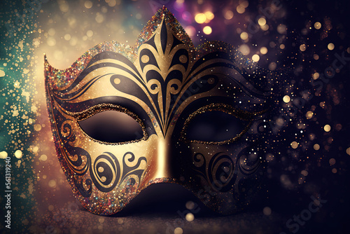 Venezianische Maske vor glitzernden Bokeh Hintergrund, Fasching, Karneval, digitale Illustration
