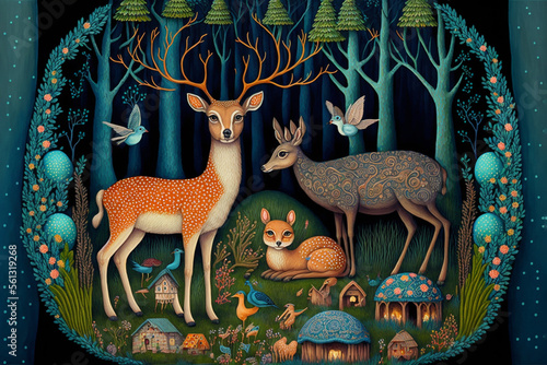 Animal creatures in a forest. Fantasy, fairytale illsutration