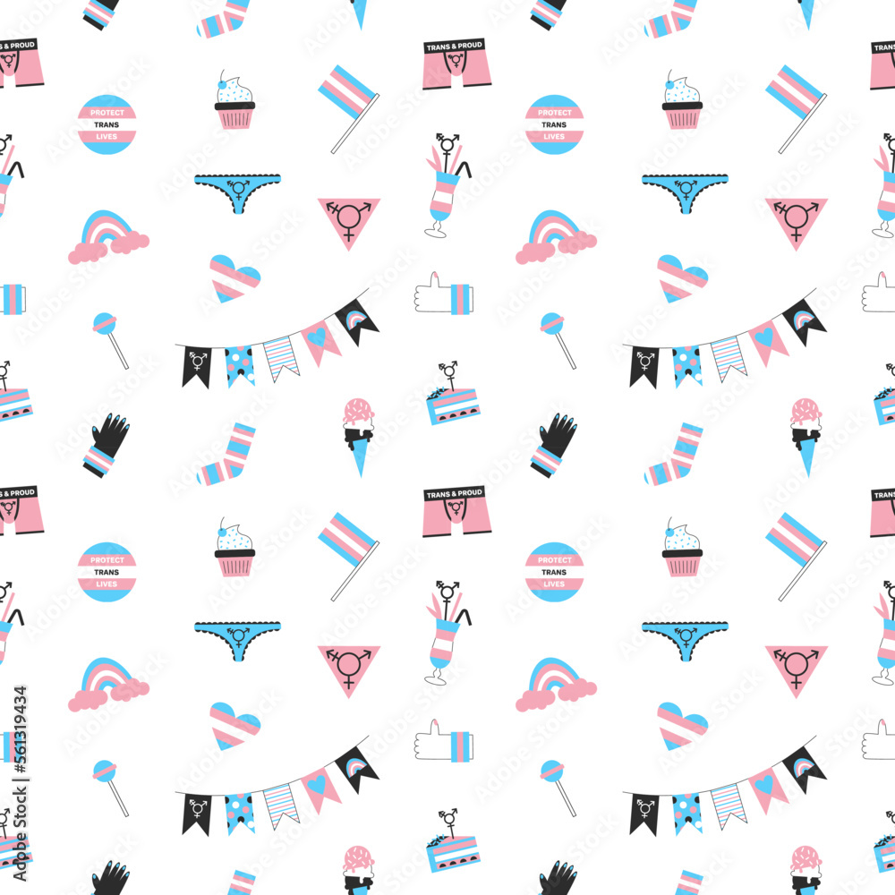 Transgender mtf and ftm seamless pattern. Trans awareness and visibility. Diversity, equality, inclusion for genderqueer and crossddressers. LGBT pride month vector flat illustration set. Transgender mtf and ftm seamless pattern. Trans awareness and visibility. Diversity, equality, inclusion for genderqueer and crossddressers. LGBT pride month vector flat illustration set.