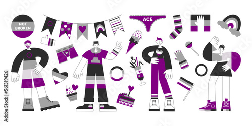 Asexual people elements set. Ace awareness and visibility. Diversity, equality, inclusion for aromantic, demiromantic, demisexual. LGBT pride month vector flat illustration. photo