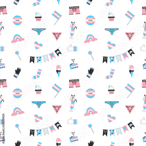 Transgender mtf and ftm seamless pattern. Trans awareness and visibility. Diversity, equality, inclusion for genderqueer and crossddressers. LGBT pride month vector flat illustration set.