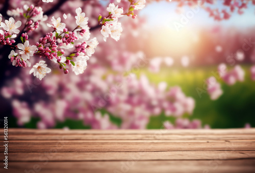 Spring beautiful background with pink juicy young cherry blossoms and empty wooden table in nature outdoor  bokeh 