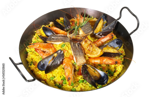 Paella with Shrimps, Fish, Rice and Mussels in a Pan - Transparent PNG Background photo