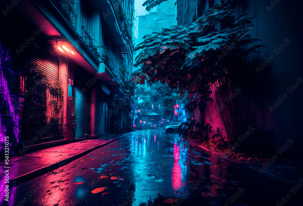 Photorealistic Generative AI illustration of a Rainy foggy night on a street of a cyberpunk city. Tropical vegetation near old buildings. Wet asphalt reflecting glowing neon lights. Gloomy urban scene