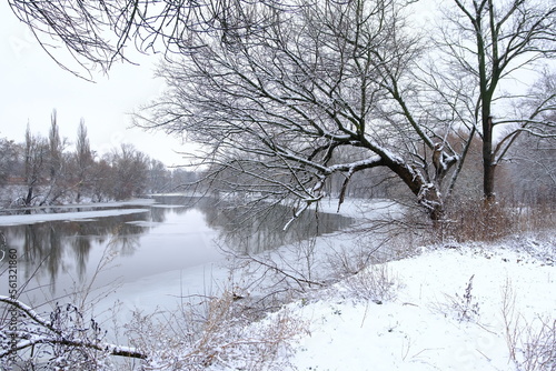 The river with snow in it and a forest near covered with snow in winter © Babenko