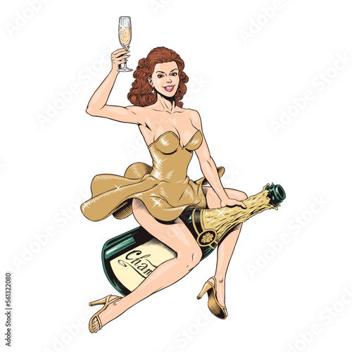 Pin up girl in luxurious golden dress holding a glass of sparkling wine and riding a champagne or prosecco wine bottle isolated on white background. Vector illustration. 