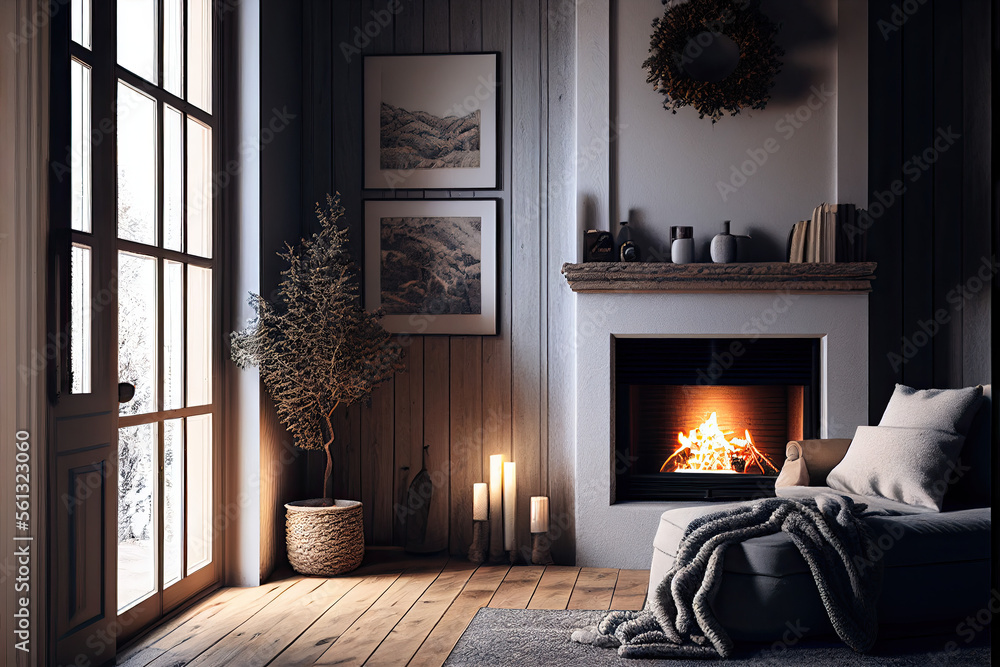 Naklejka premium Cosy living room interior design idea with fireplace, winter architecture, Generative AI
